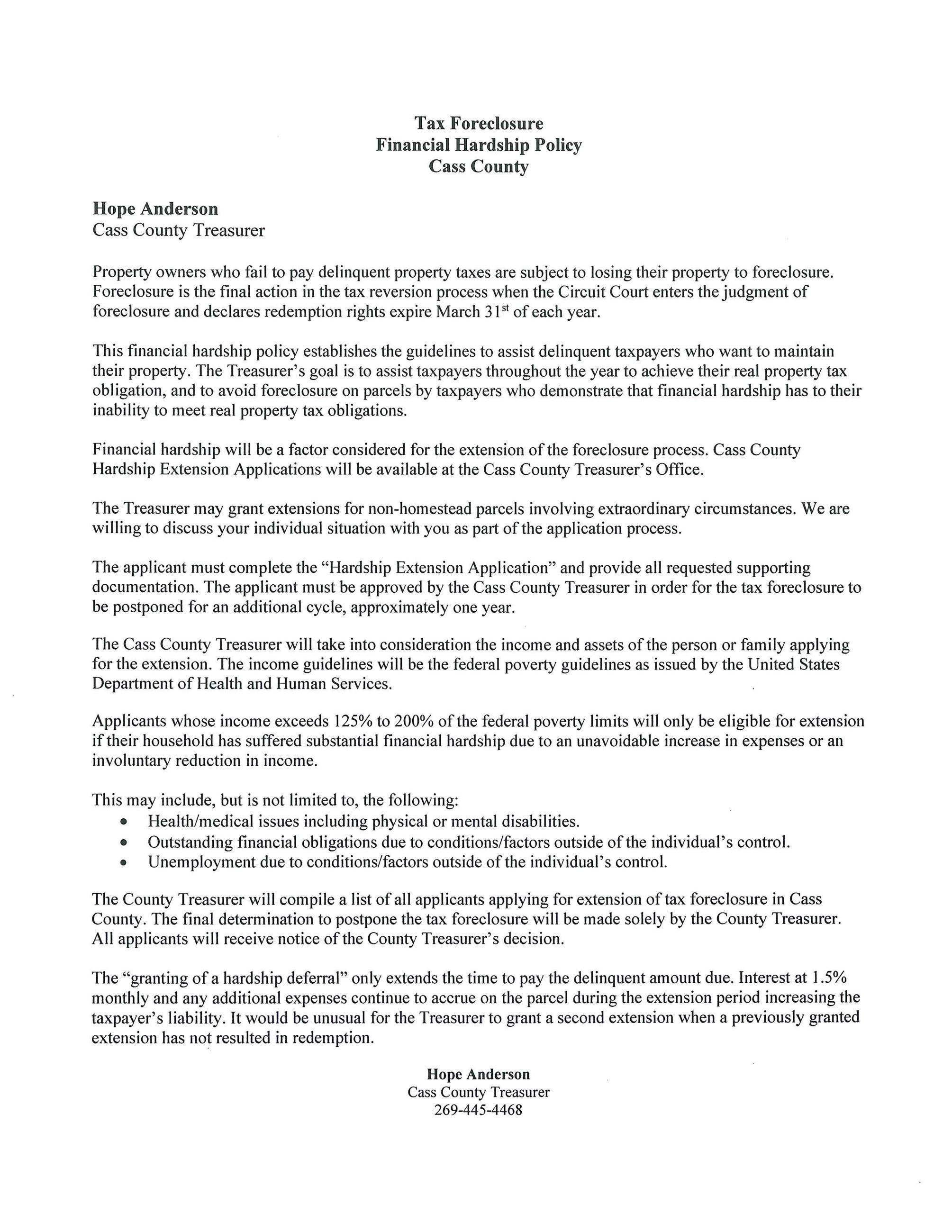 Cass County Hardship Policy